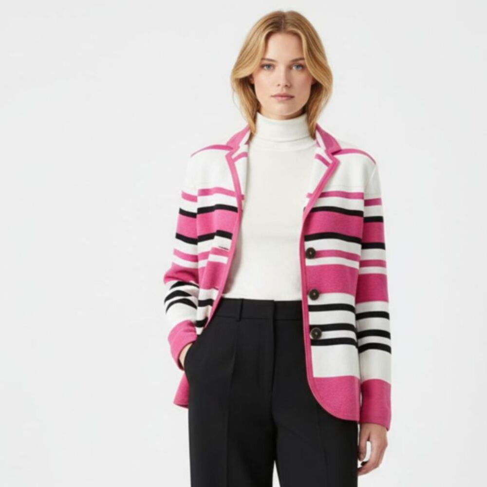 Cheryl Nash Pink Black & White Striped Knit Button Up Cardigan Sweater  M